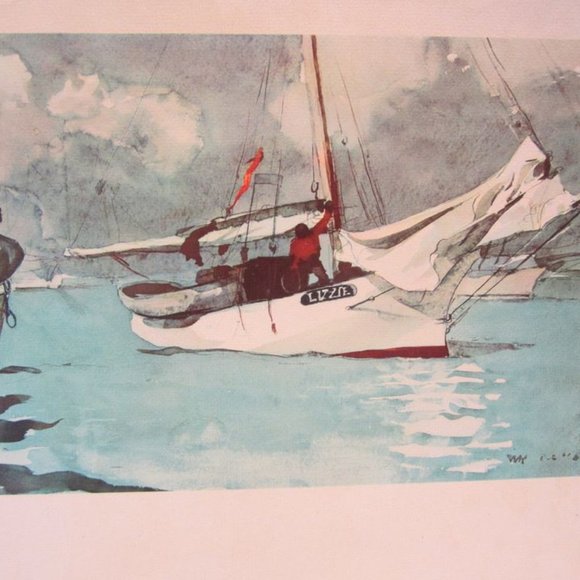VTG 50'S WINSLOW HOMER PRINT "FISHING BOATS, KEY WEST" WATERCOLOR ART PRINT - Picture 4 of 6